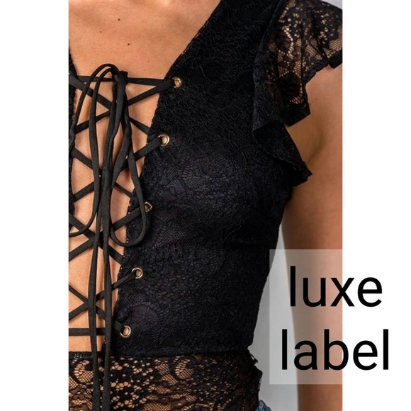 Lace-Up Plunge Black Floral Lace Bodysuit - Picture 3 of 5